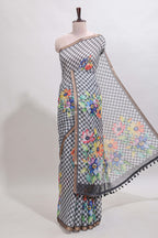 Grey checked floral design linen cotton saree with self zari border and matching blouse