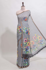 Grey checked floral design linen cotton saree with self zari border and matching blouse