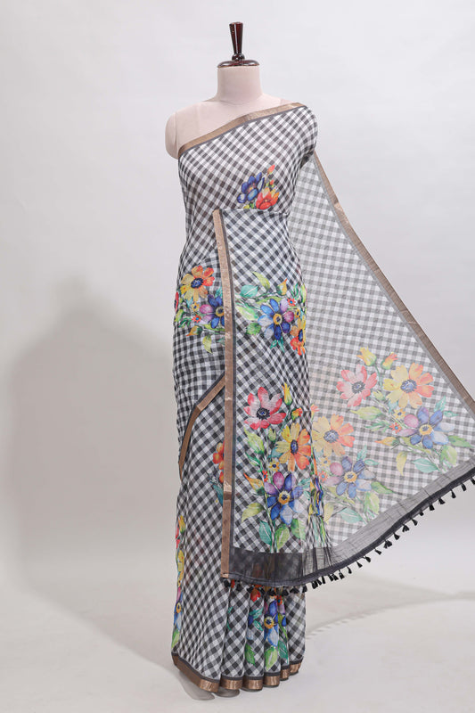 Grey checked floral design linen cotton saree with self zari border and matching blouse