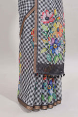 Grey checked floral design linen cotton saree with self zari border and matching blouse