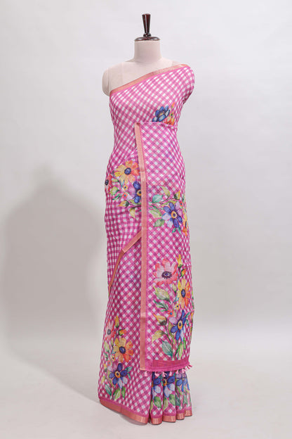 Pink checked floral design linen cotton saree with self zari border and matching blouse