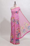 Pink checked floral design linen cotton saree with self zari border and matching blouse
