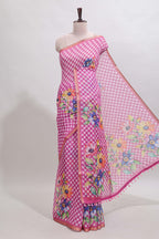 Pink checked floral design linen cotton saree with self zari border and matching blouse