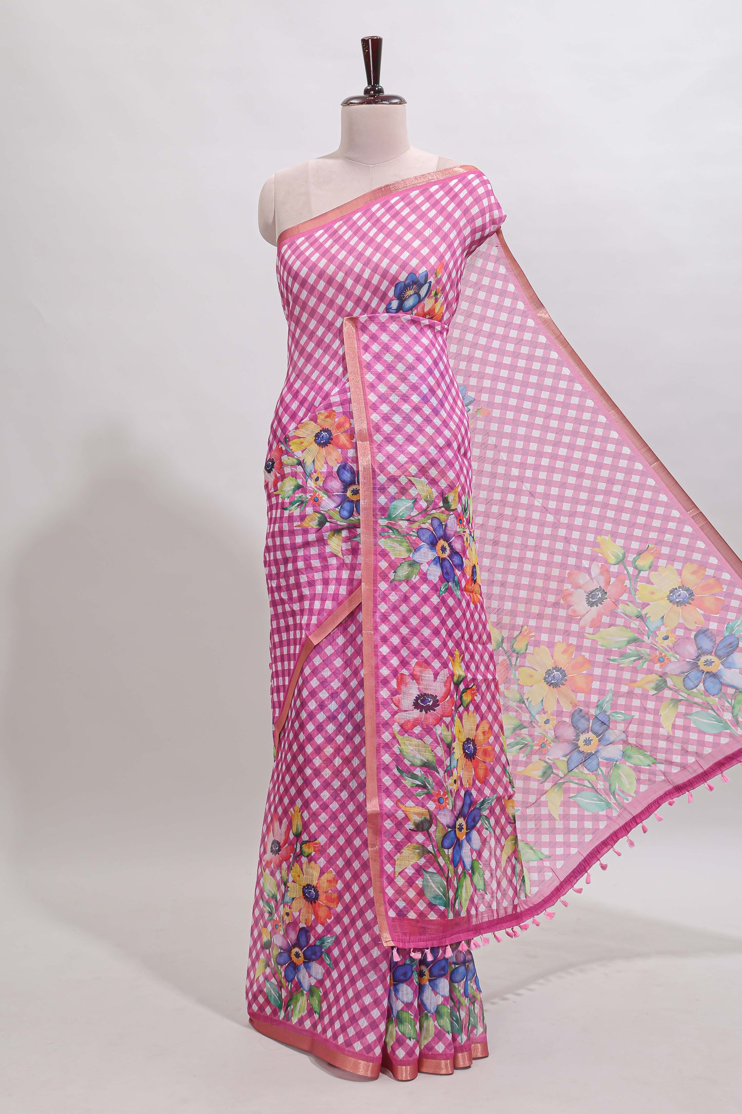 Pink checked floral design linen cotton saree with self zari border and matching blouse