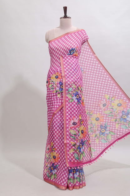 Pink checked floral design linen cotton saree with self zari border and matching blouse