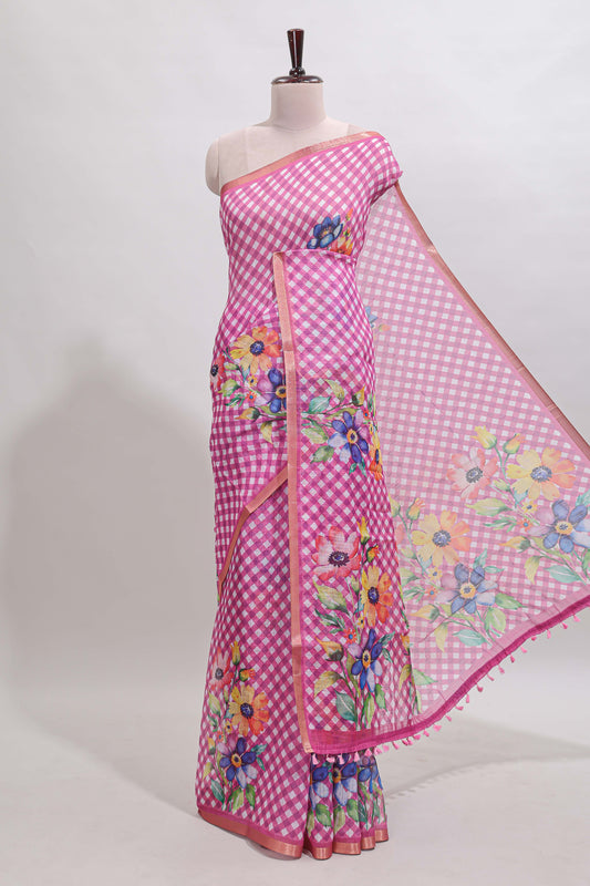 Pink checked floral design linen cotton saree with self zari border and matching blouse