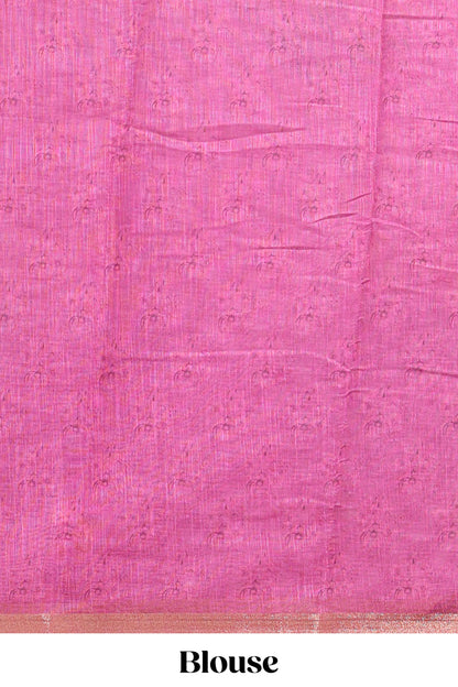 Pink checked floral design linen cotton saree with self zari border and matching blouse