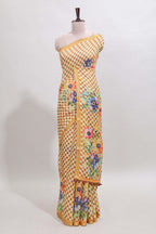 Yellow checked floral design linen cotton saree with self zari border and matching blouse
