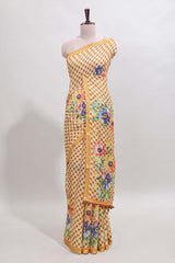 Yellow checked floral design linen cotton saree with self zari border and matching blouse
