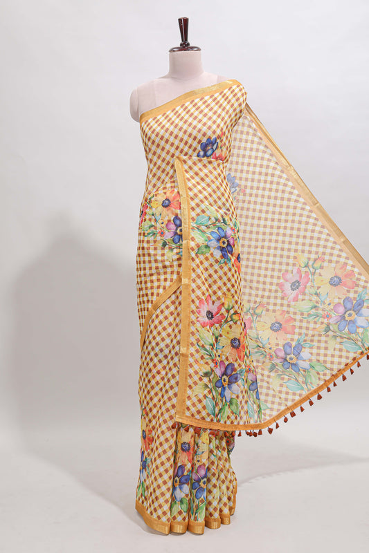 Yellow checked floral design linen cotton saree with self zari border and matching blouse