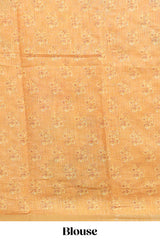 Yellow checked floral design linen cotton saree with self zari border and matching blouse
