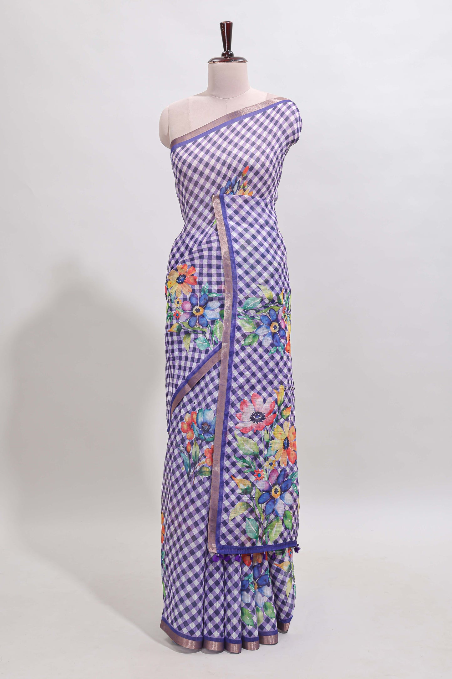 Violet checked floral design linen cotton saree with self zari border and matching blouse