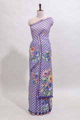 Violet checked floral design linen cotton saree with self zari border and matching blouse