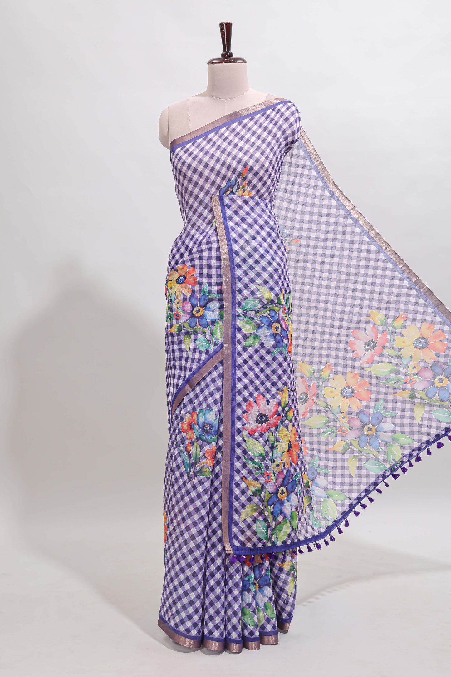 Violet checked floral design linen cotton saree with self zari border and matching blouse