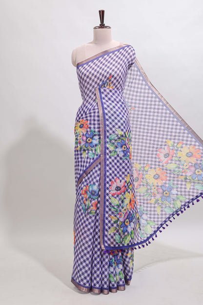 Violet checked floral design linen cotton saree with self zari border and matching blouse