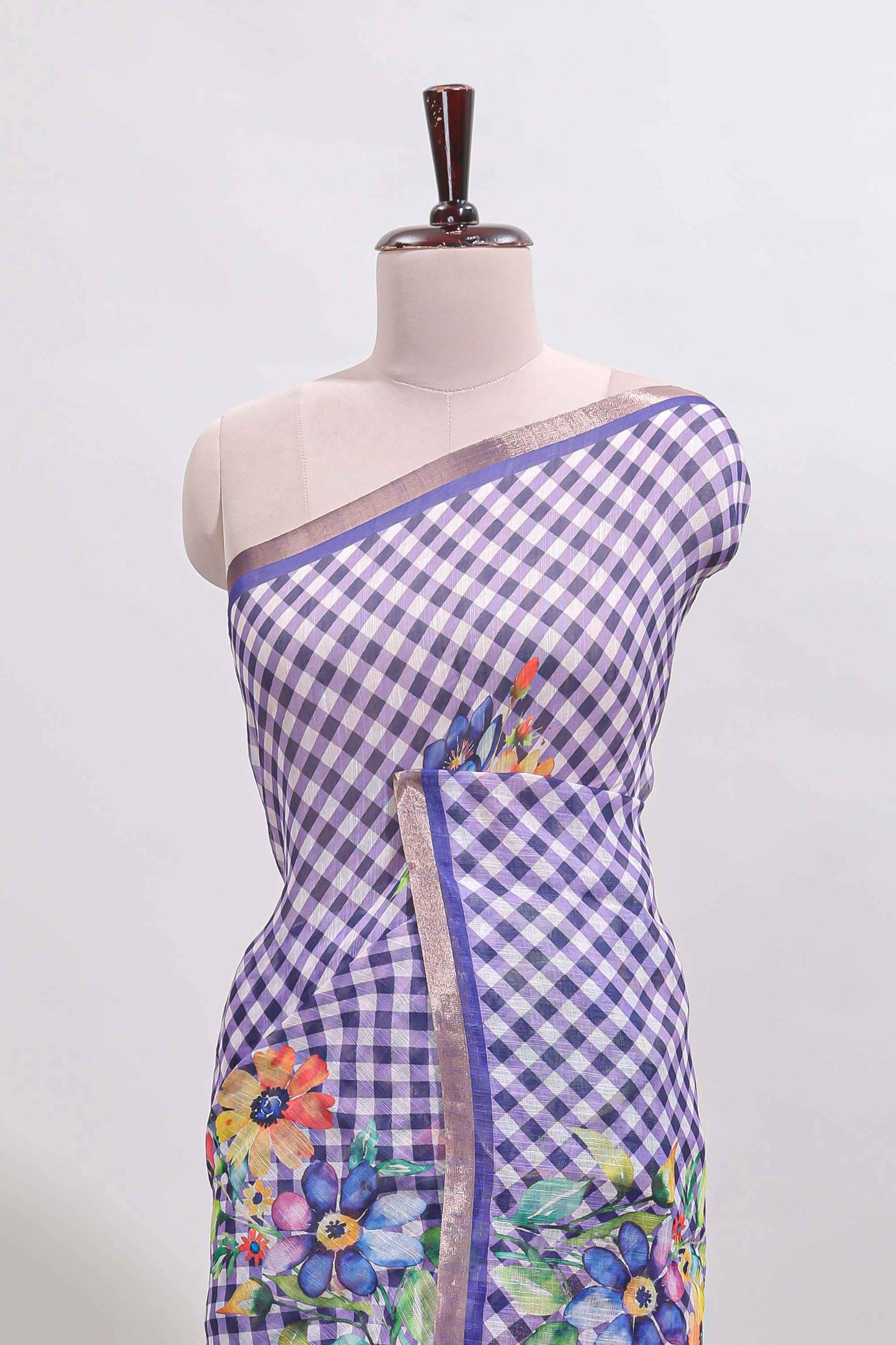 Violet checked floral design linen cotton saree with self zari border and matching blouse