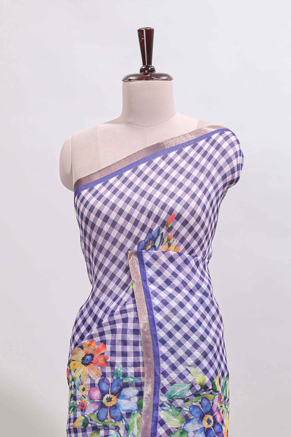Violet checked floral design linen cotton saree with self zari border and matching blouse