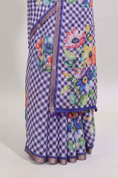 Violet checked floral design linen cotton saree with self zari border and matching blouse