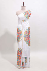 White mandala madhubani design linen cotton saree with self zari border and matching blouse