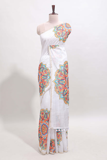 White mandala madhubani design linen cotton saree with self zari border and matching blouse