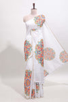 White mandala madhubani design linen cotton saree with self zari border and matching blouse