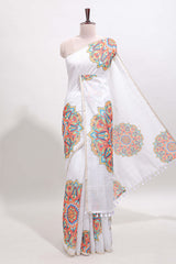 White mandala madhubani design linen cotton saree with self zari border and matching blouse