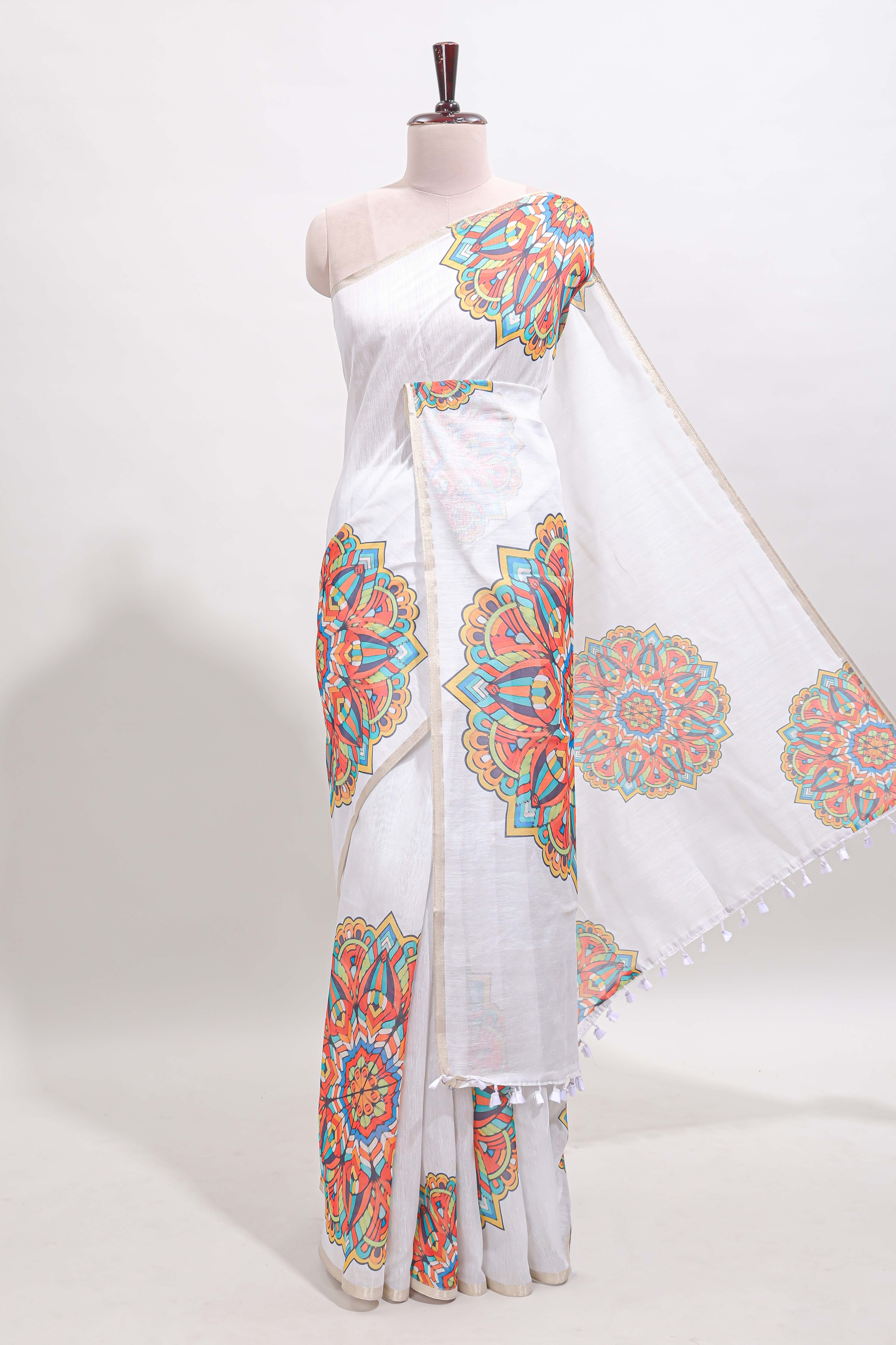 White mandala madhubani design linen cotton saree with self zari border and matching blouse