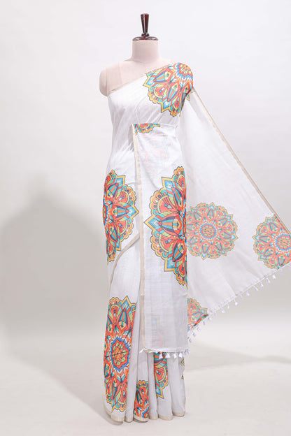 White mandala madhubani design linen cotton saree with self zari border and matching blouse