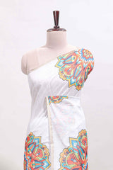 White mandala madhubani design linen cotton saree with self zari border and matching blouse