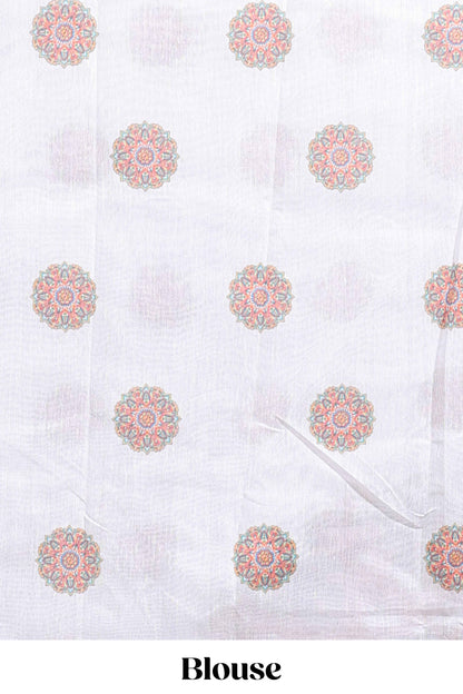 White mandala madhubani design linen cotton saree with self zari border and matching blouse
