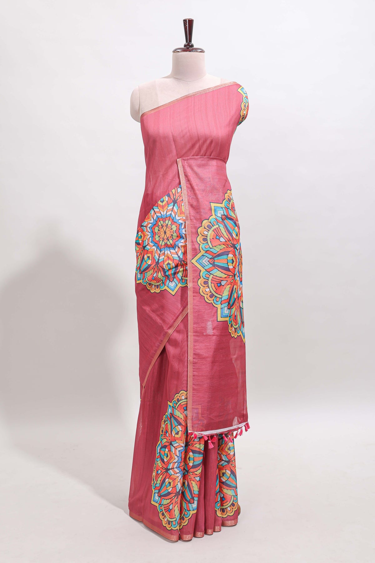 Onion pink mandala madhubani design linen cotton saree with self zari border and matching blouse