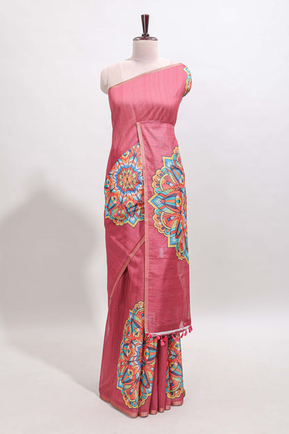 Onion pink mandala madhubani design linen cotton saree with self zari border and matching blouse