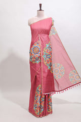 Onion pink mandala madhubani design linen cotton saree with self zari border and matching blouse