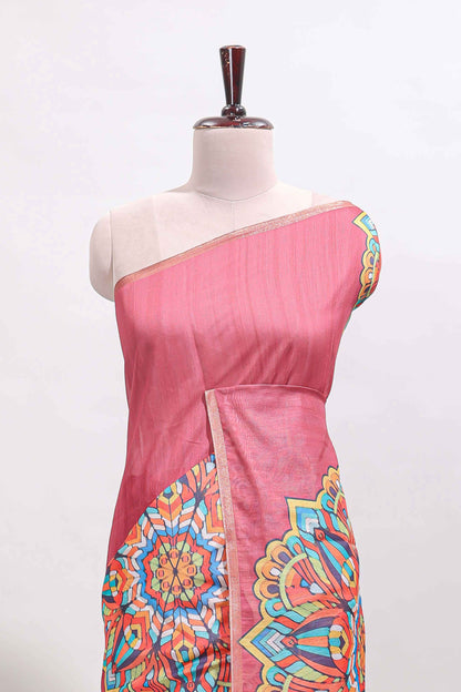 Onion pink mandala madhubani design linen cotton saree with self zari border and matching blouse