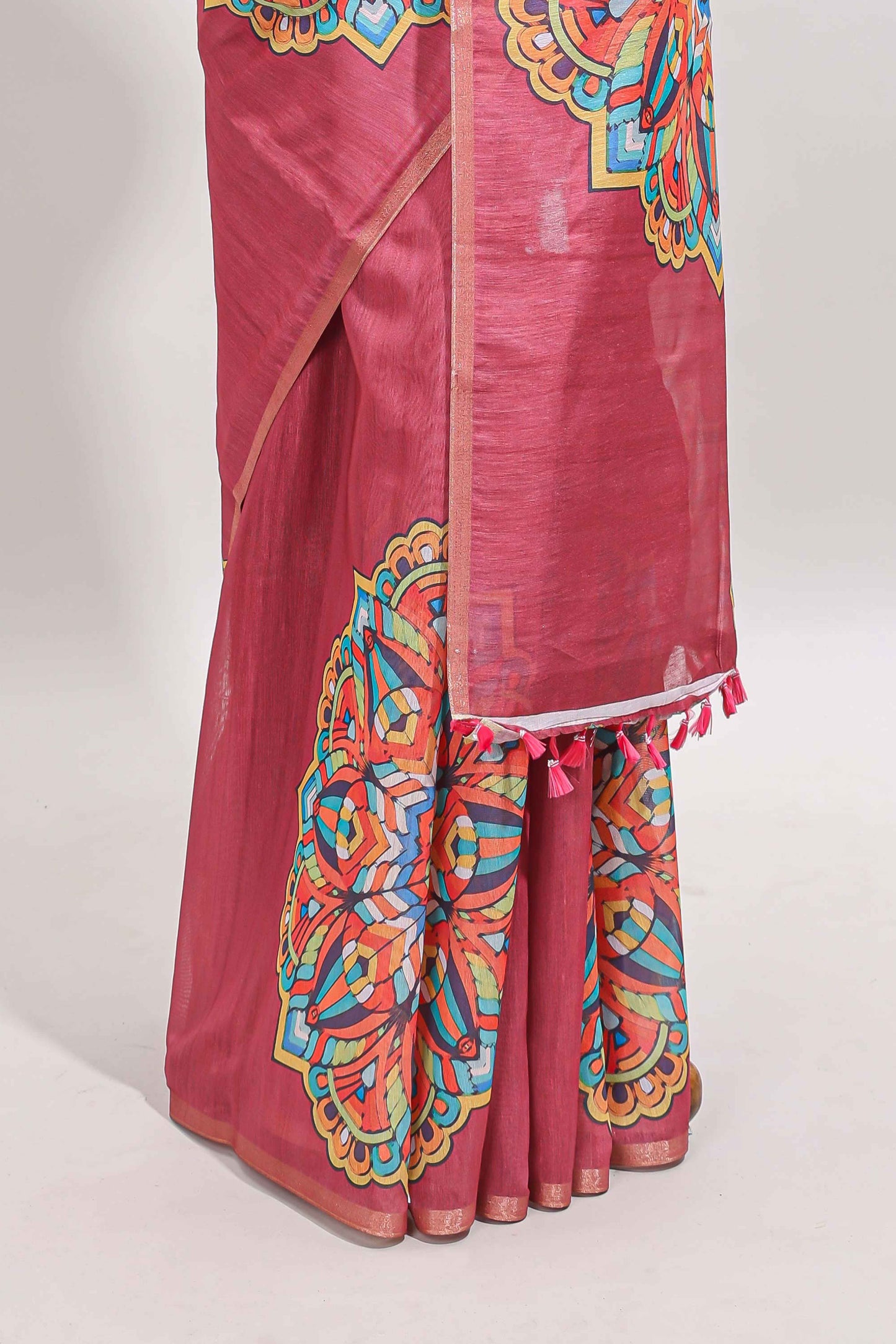 Onion pink mandala madhubani design linen cotton saree with self zari border and matching blouse
