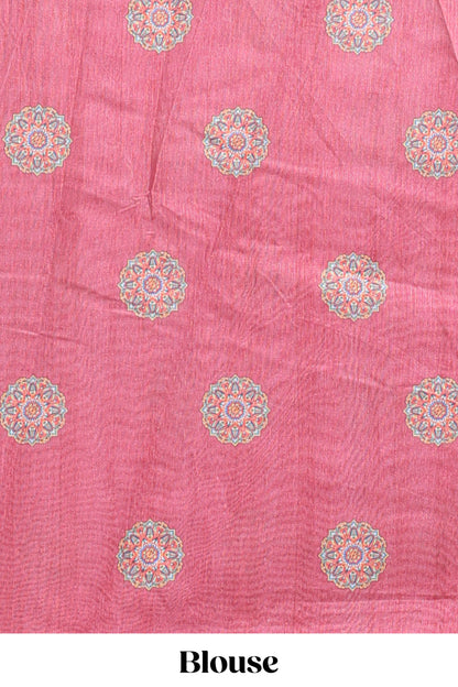 Onion pink mandala madhubani design linen cotton saree with self zari border and matching blouse