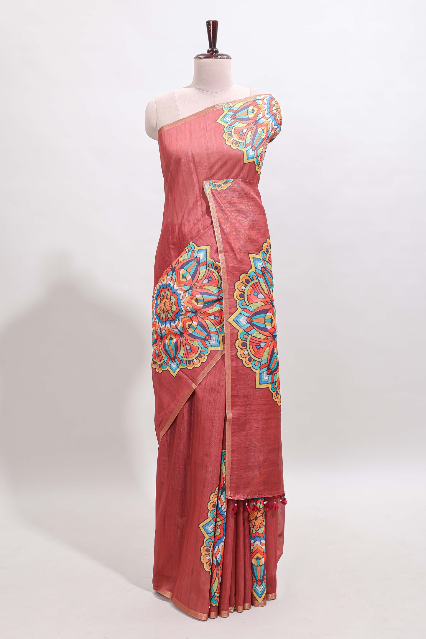 Peach mandala madhubani design linen cotton saree with self zari border and matching blouse