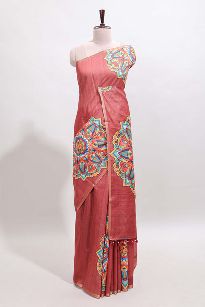 Peach mandala madhubani design linen cotton saree with self zari border and matching blouse