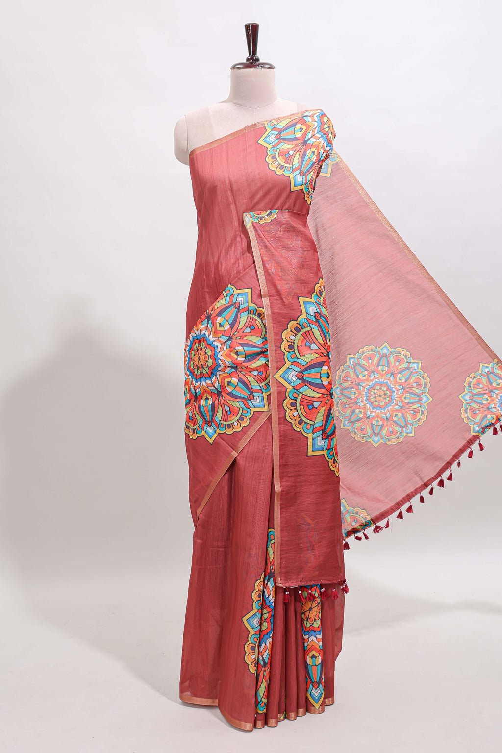 Peach mandala madhubani design linen cotton saree with self zari border and matching blouse
