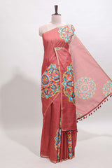 Peach mandala madhubani design linen cotton saree with self zari border and matching blouse