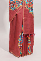 Peach mandala madhubani design linen cotton saree with self zari border and matching blouse
