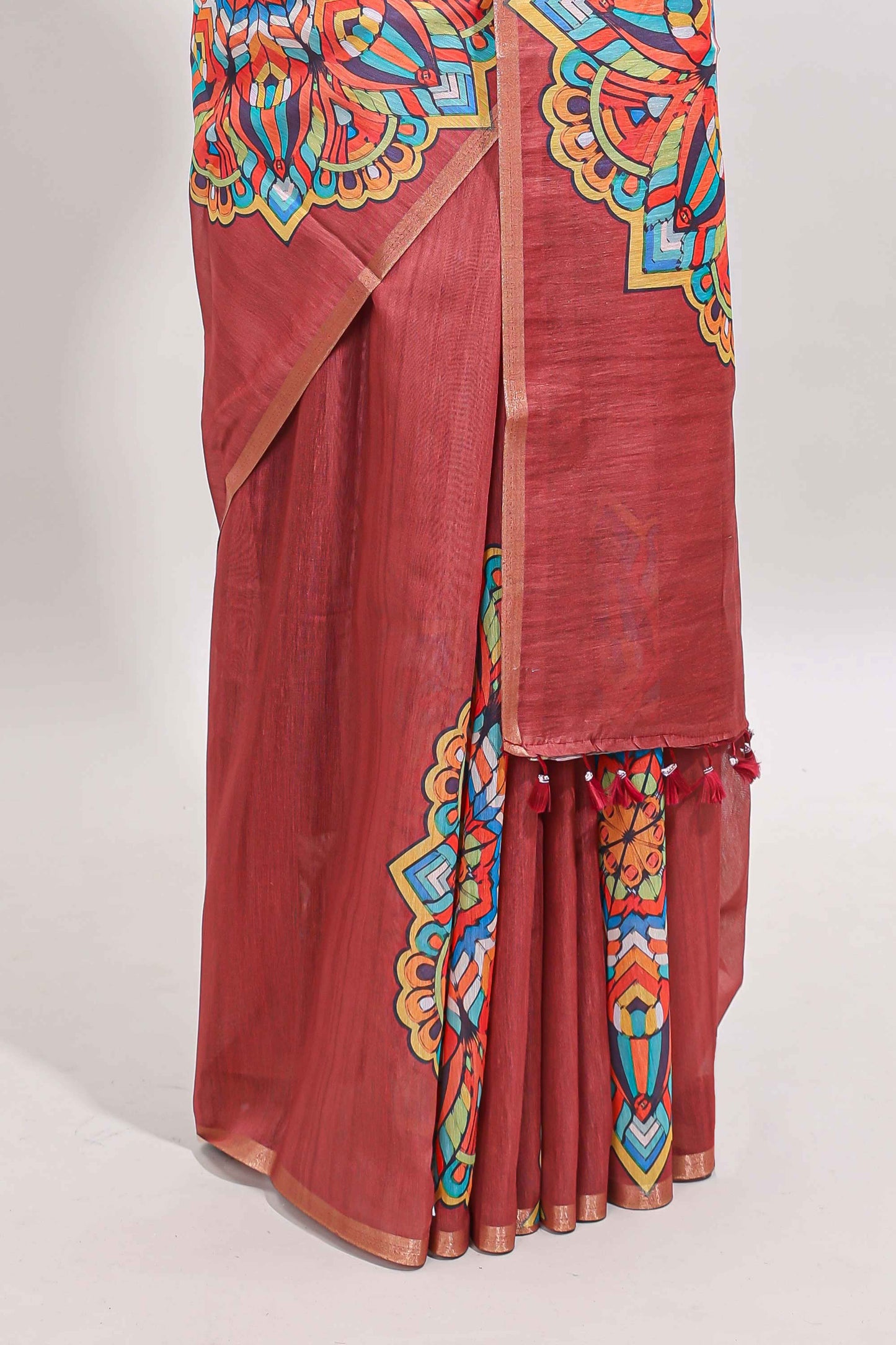 Peach mandala madhubani design linen cotton saree with self zari border and matching blouse