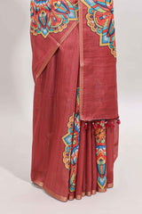 Peach mandala madhubani design linen cotton saree with self zari border and matching blouse