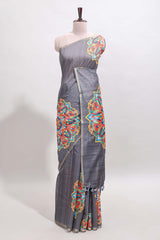 Grey mandala madhubani design linen cotton saree with self zari border and matching blouse