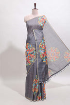 Grey mandala madhubani design linen cotton saree with self zari border and matching blouse