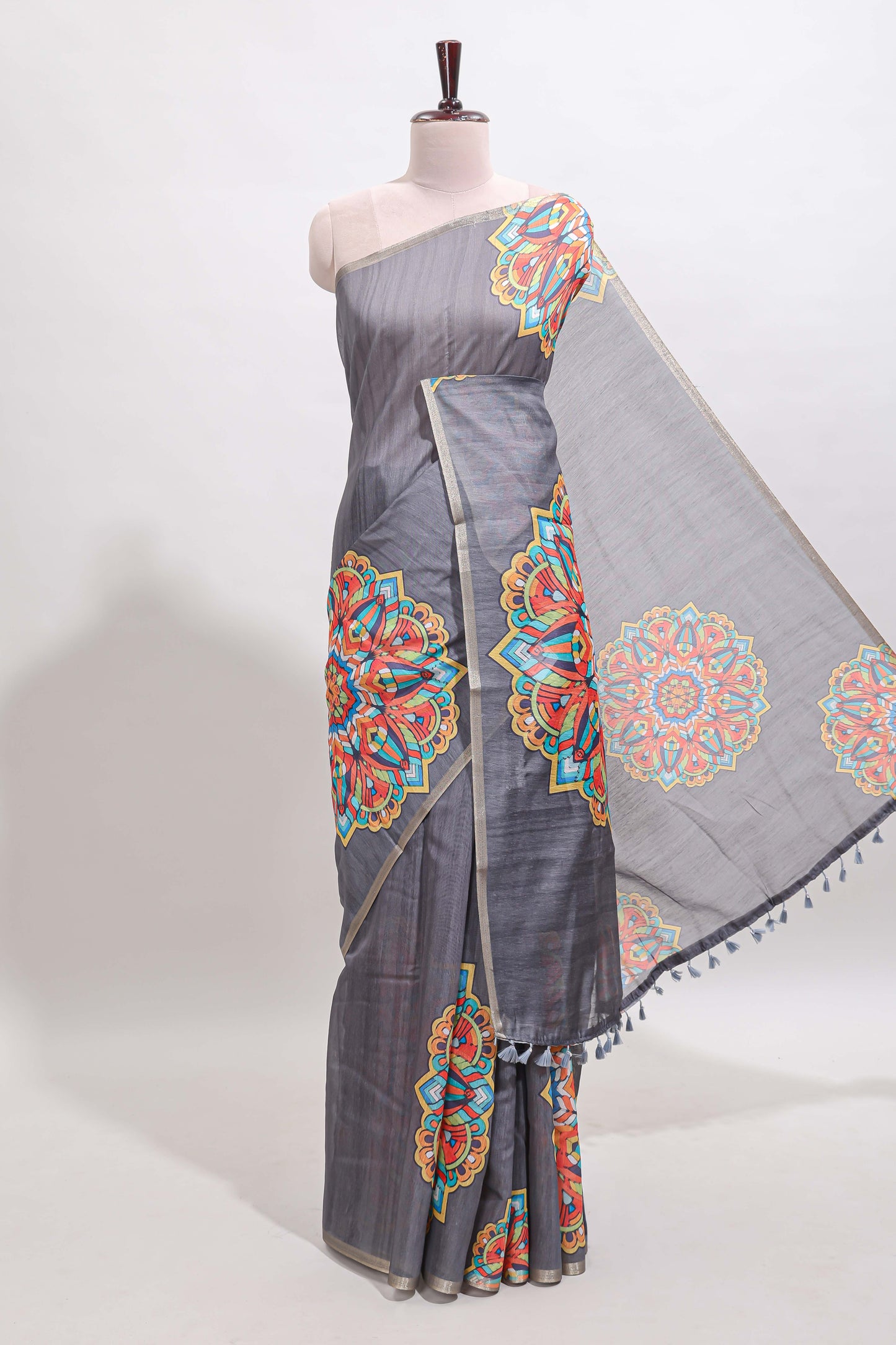 Grey mandala madhubani design linen cotton saree with self zari border and matching blouse