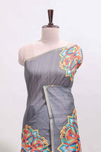 Grey mandala madhubani design linen cotton saree with self zari border and matching blouse