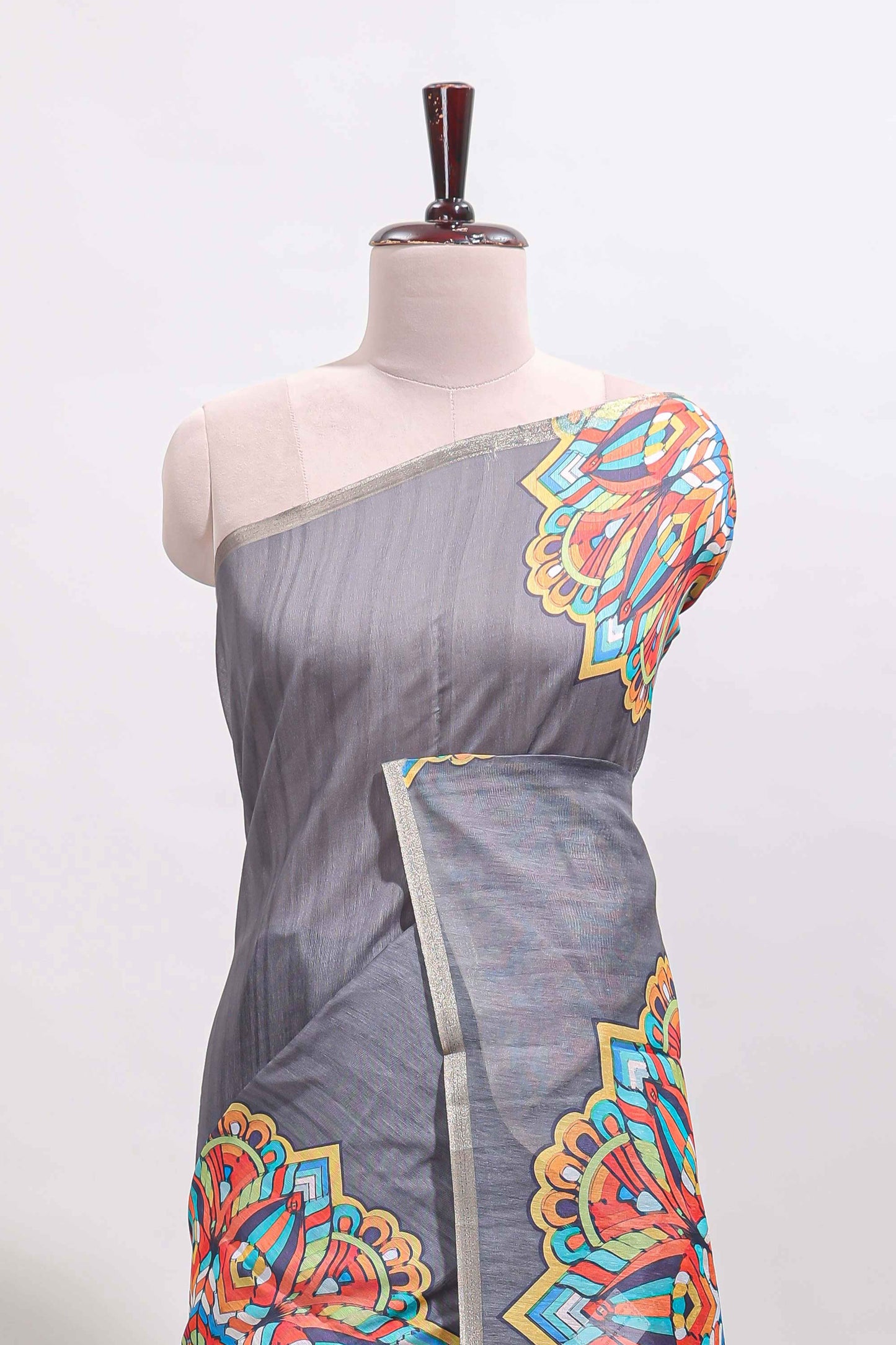 Grey mandala madhubani design linen cotton saree with self zari border and matching blouse