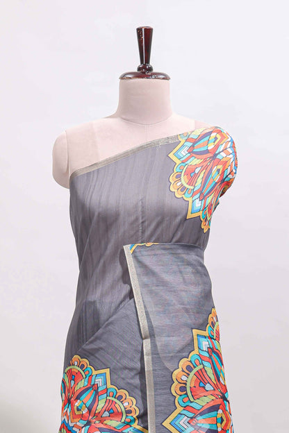 Grey mandala madhubani design linen cotton saree with self zari border and matching blouse