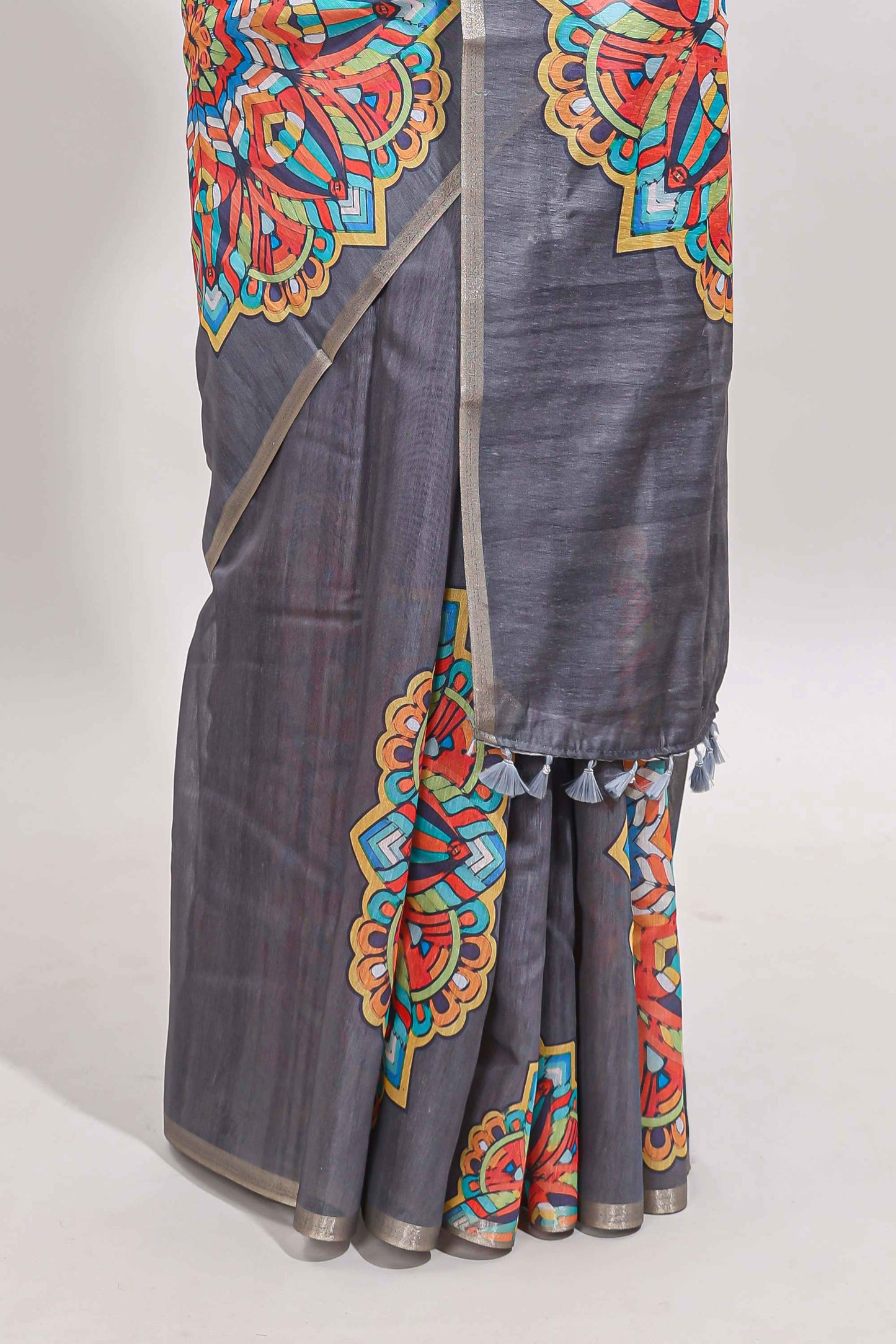 Grey mandala madhubani design linen cotton saree with self zari border and matching blouse